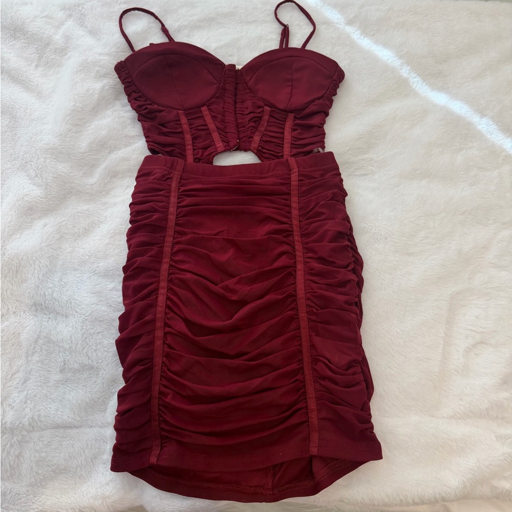 Burgundy Ruched Mini Dress (Two Piece)